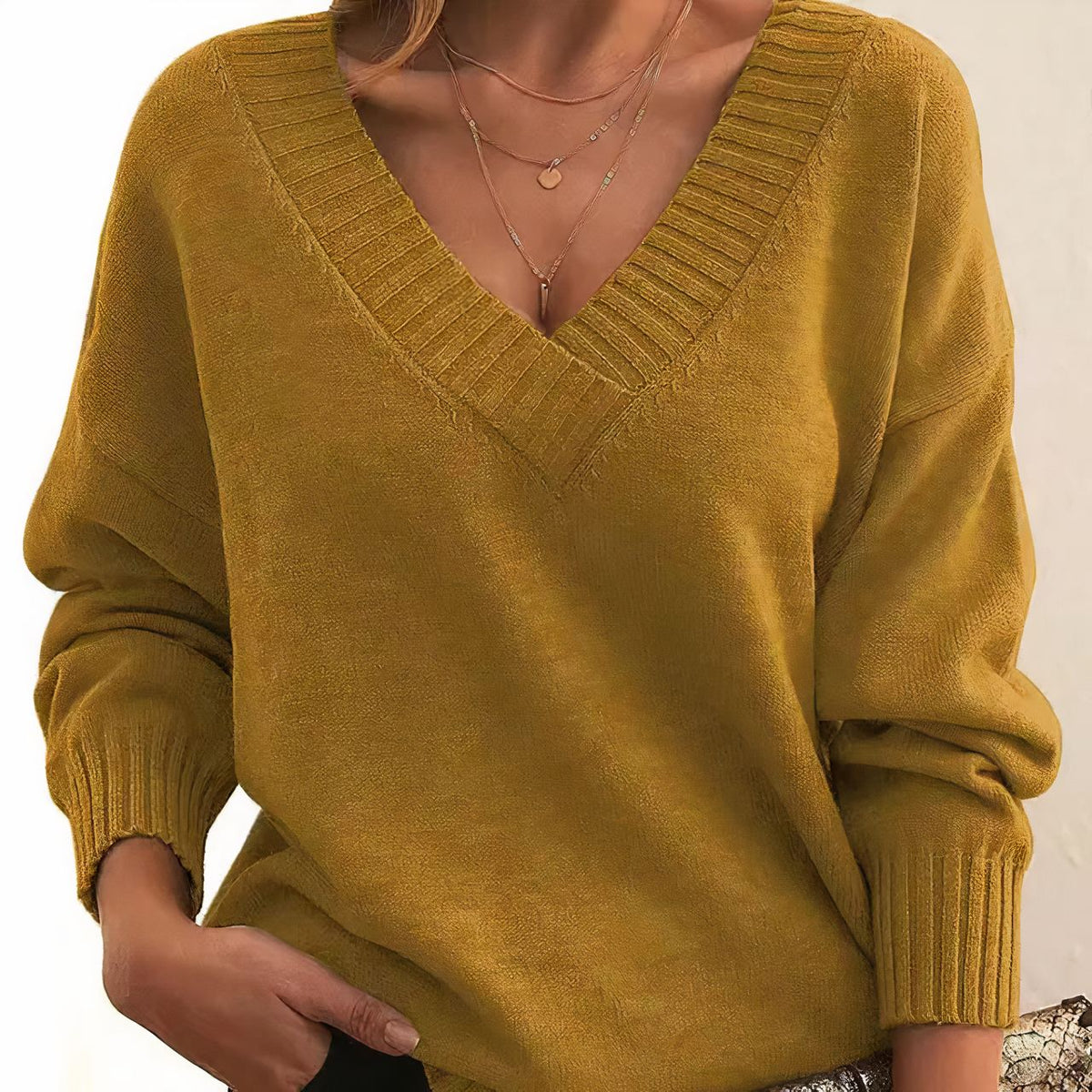 Soft-Touch V-Neck Sweater with Dropped Shoulders and Rib Cuffs in Yellow