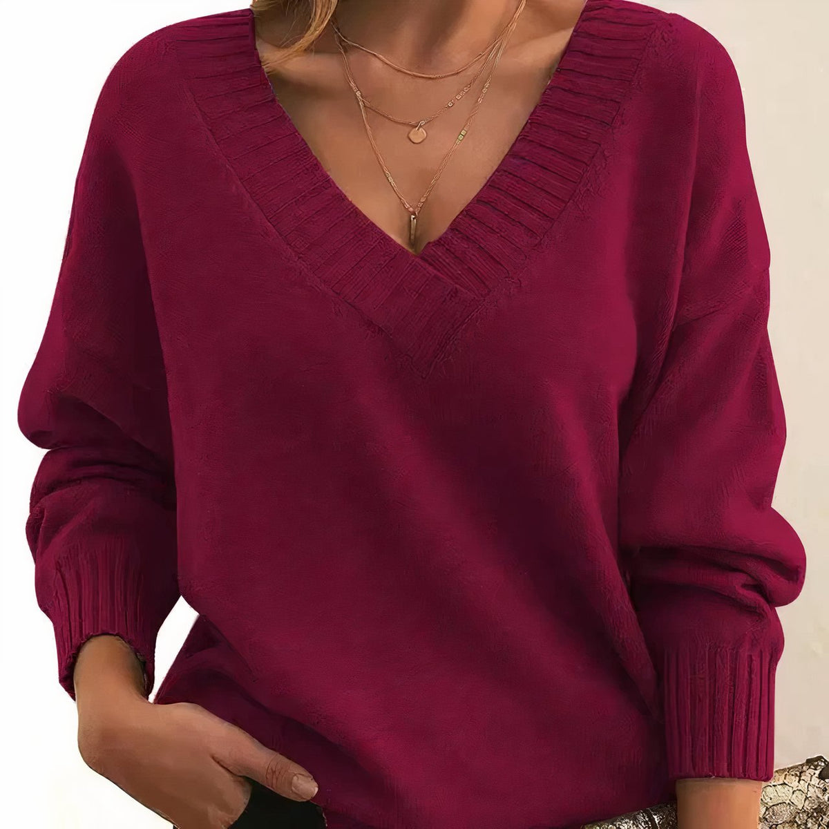 Soft-Touch V-Neck Sweater with Dropped Shoulders and Rib Cuffs in Red