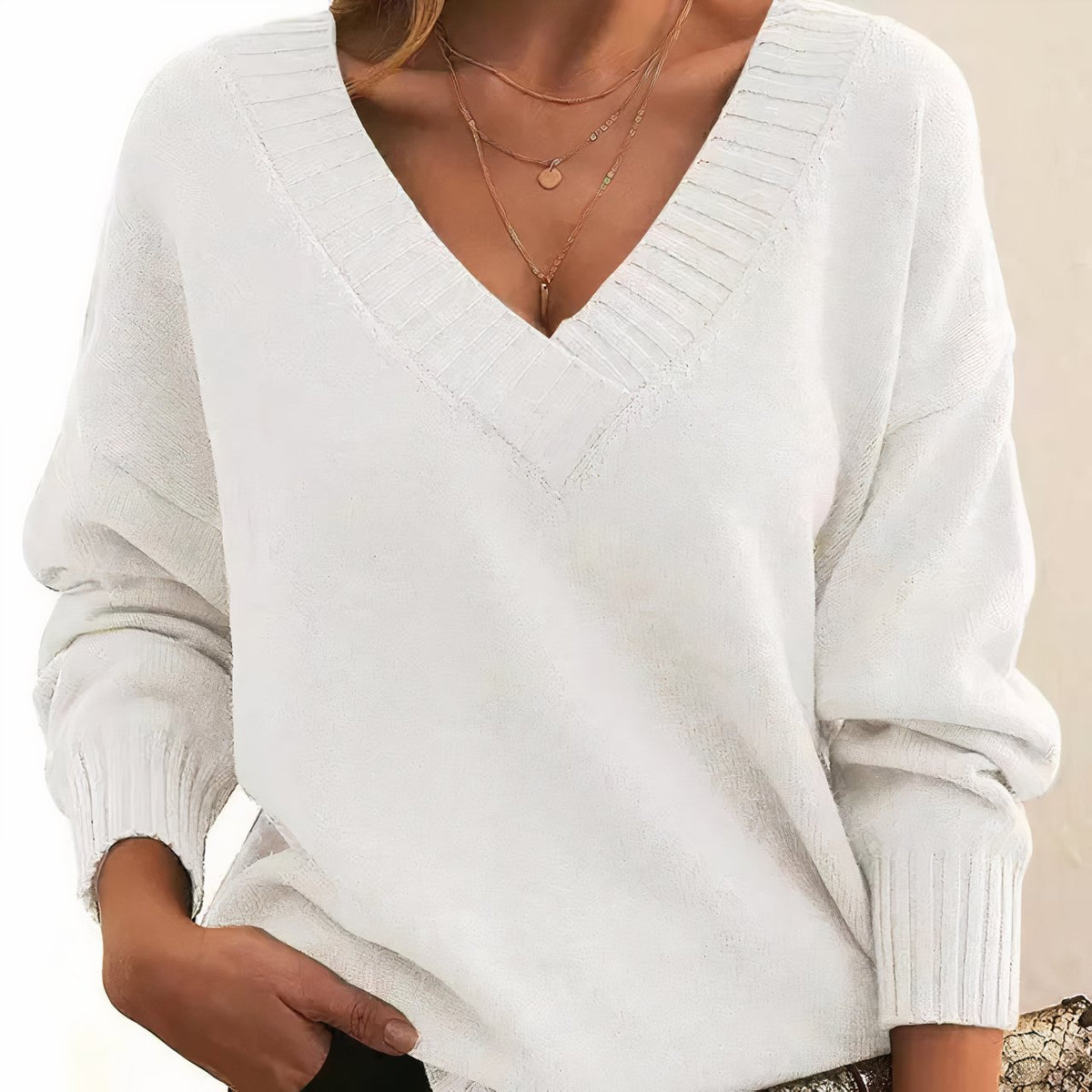 Soft-Touch V-Neck Sweater with Dropped Shoulders and Rib Cuffs in White