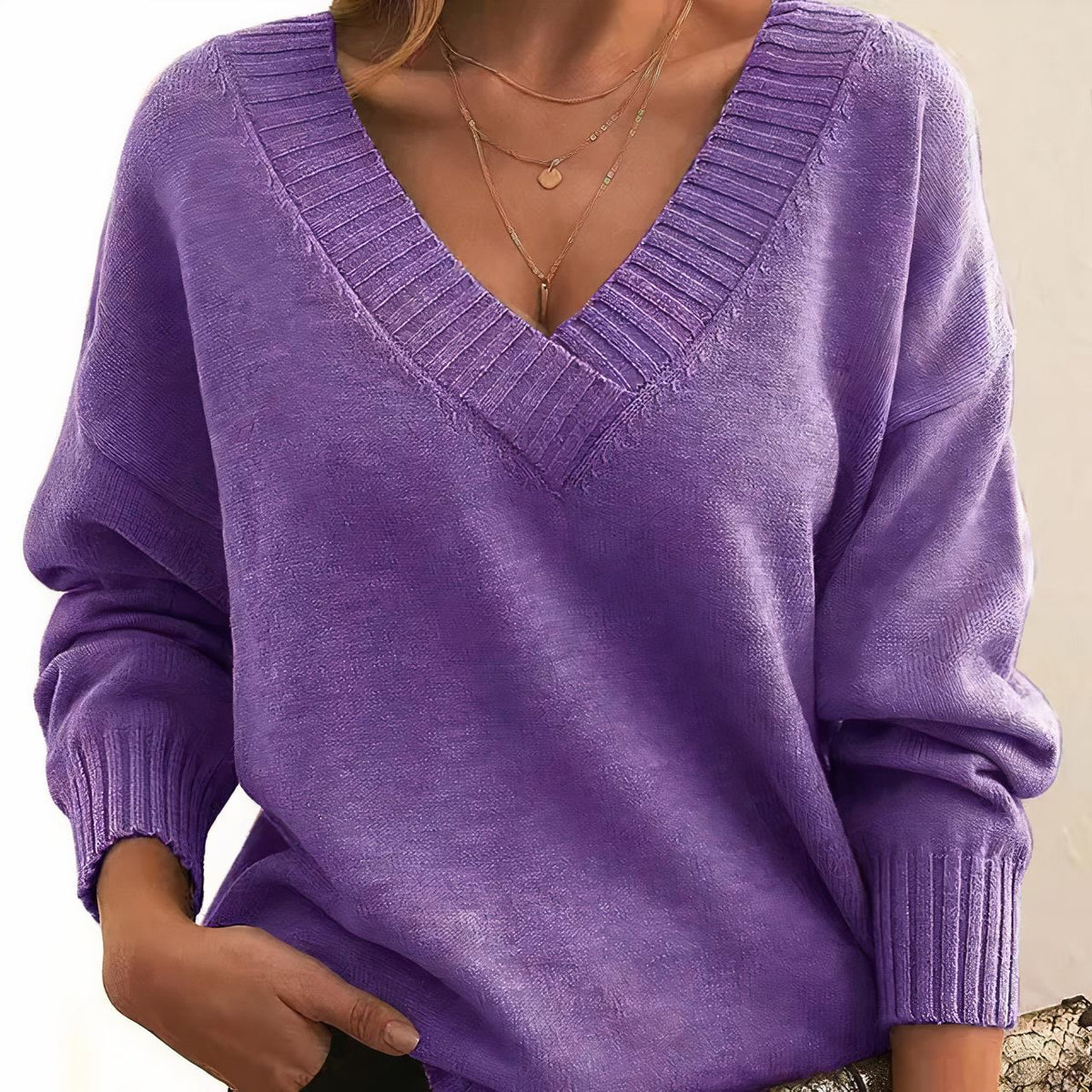 Soft-Touch V-Neck Sweater with Dropped Shoulders and Rib Cuffs in Purple