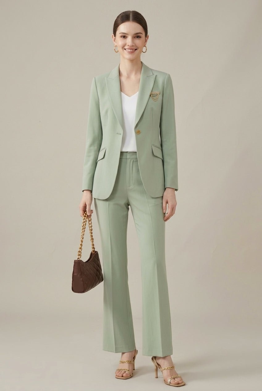 Tailored Blazer and Straight-Leg Trouser Set with Notched Lapels in Sage Green