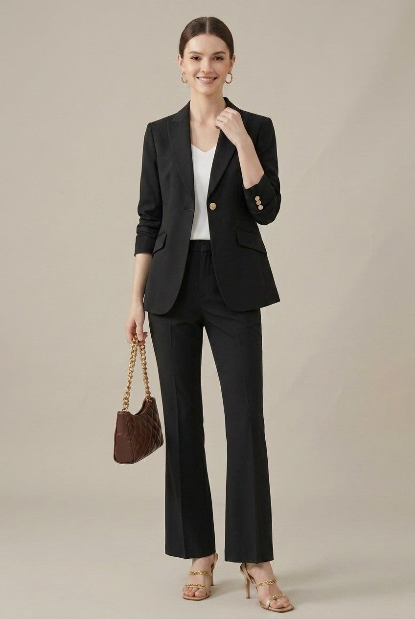 Tailored Blazer and Straight-Leg Trouser Set with Notched Lapels in Black