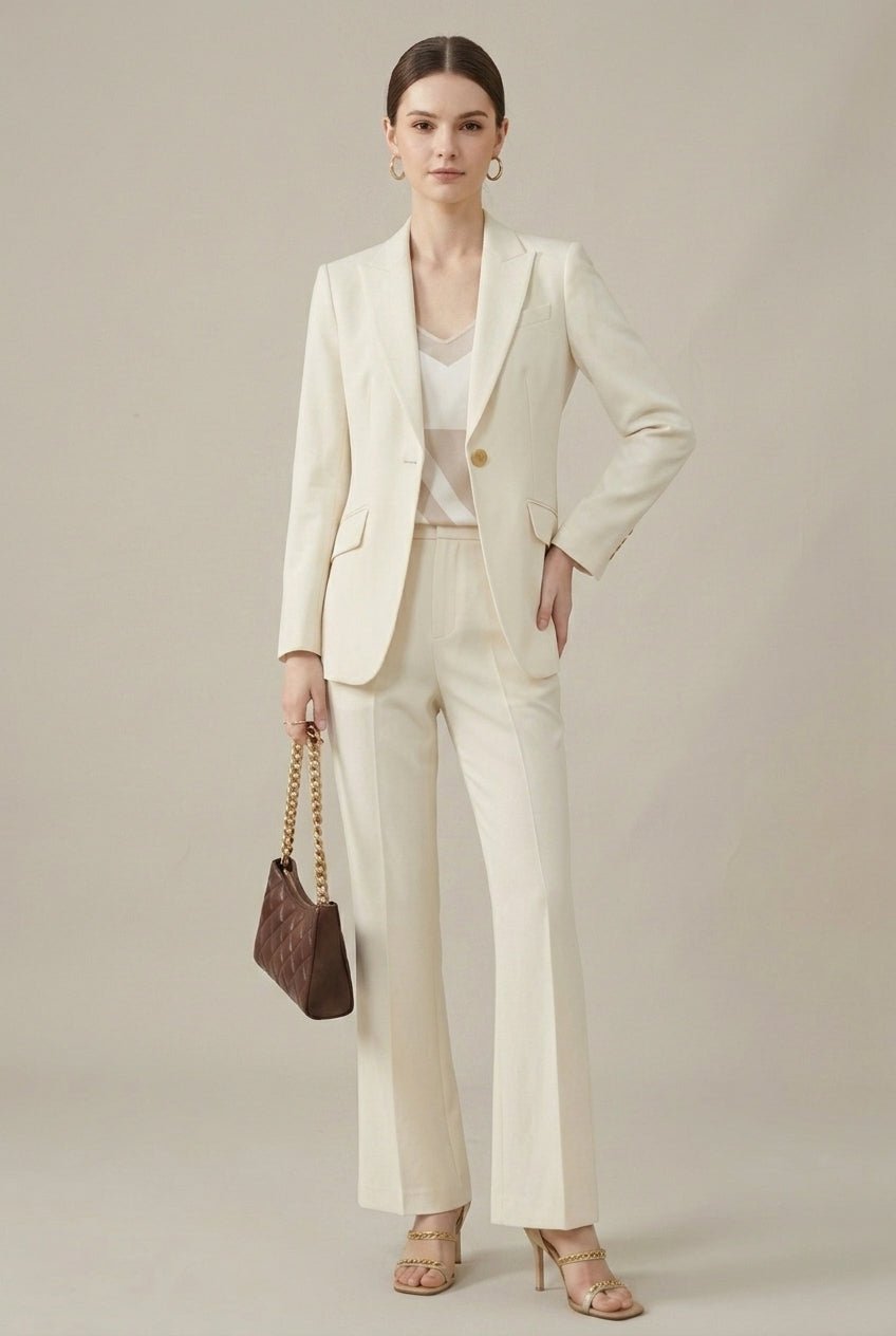 Tailored Blazer and Straight-Leg Trouser Set with Notched Lapels in Cream