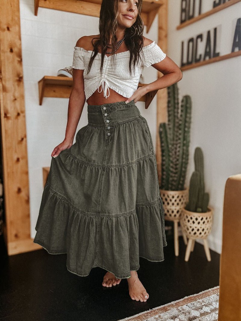 Tiered Denim Maxi Skirt with a Button Front and Raw Hem in Army Green