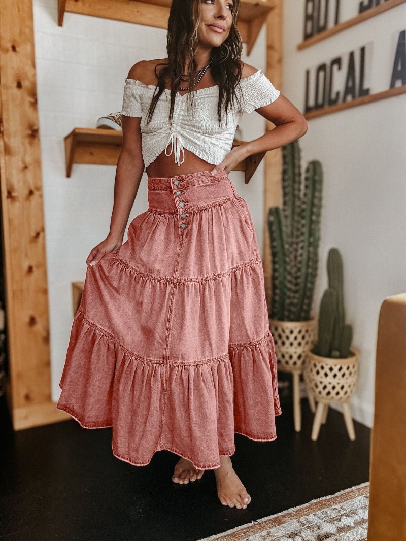 Tiered Denim Maxi Skirt with a Button Front and Raw Hem in Pink