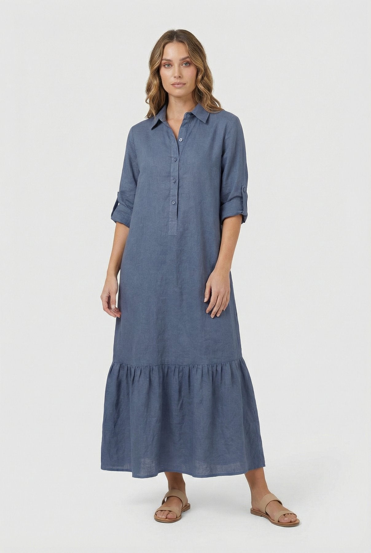 Tiered Shirt Maxi Dress with a Button Front and Roll-Up Sleeves in Blue