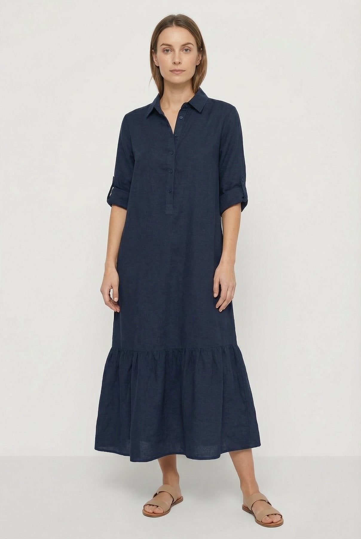 Tiered Shirt Maxi Dress with a Button Front and Roll-Up Sleeves in Navy Blue