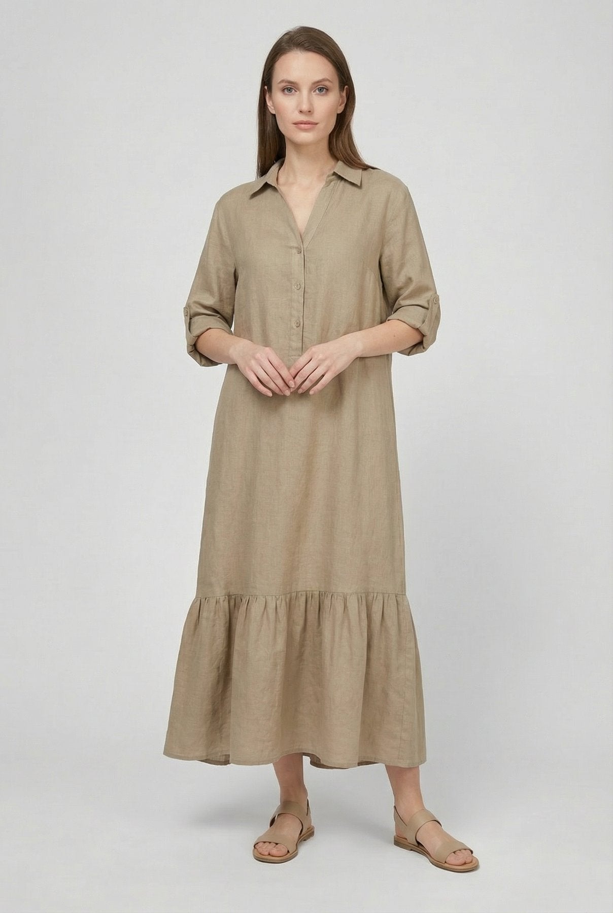 Tiered Shirt Maxi Dress with a Button Front and Roll-Up Sleeves in Khaki