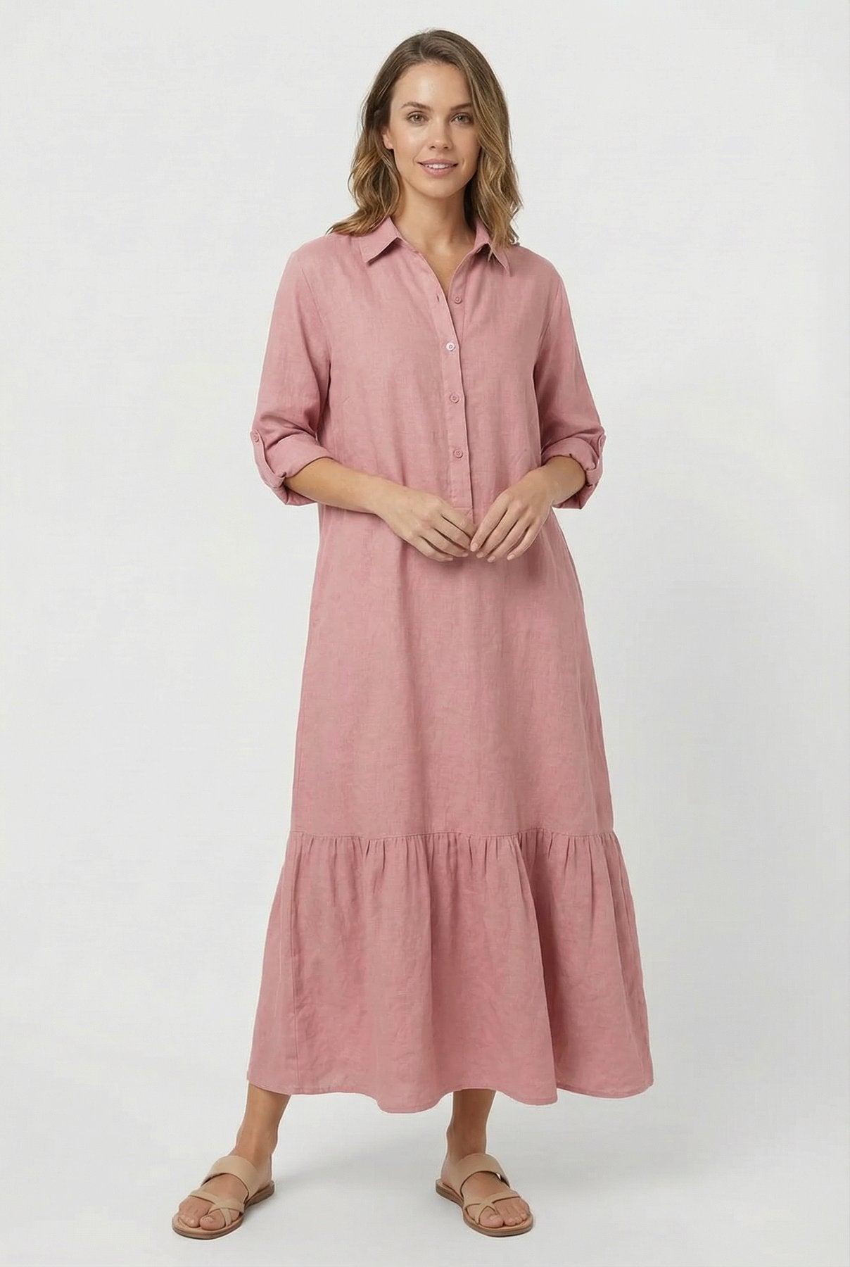 Tiered Shirt Maxi Dress with a Button Front and Roll-Up Sleeves in Pink