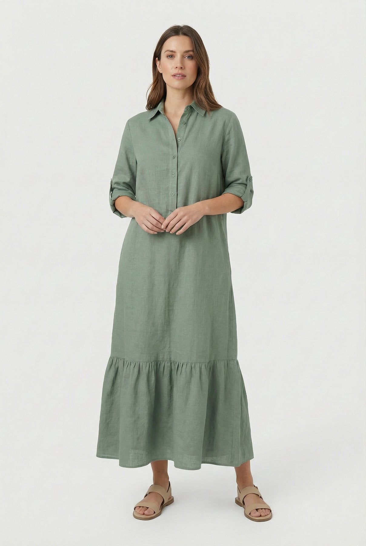 Tiered Shirt Maxi Dress with a Button Front and Roll-Up Sleeves in Green