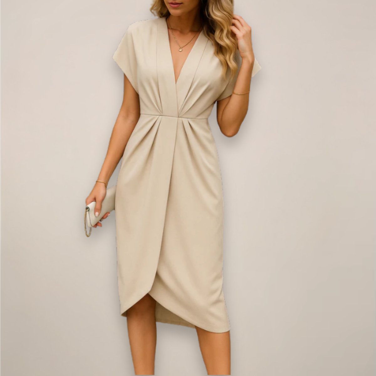 Twist Front Wrap Midi Dress with a Collar and a Front Slit in Beige