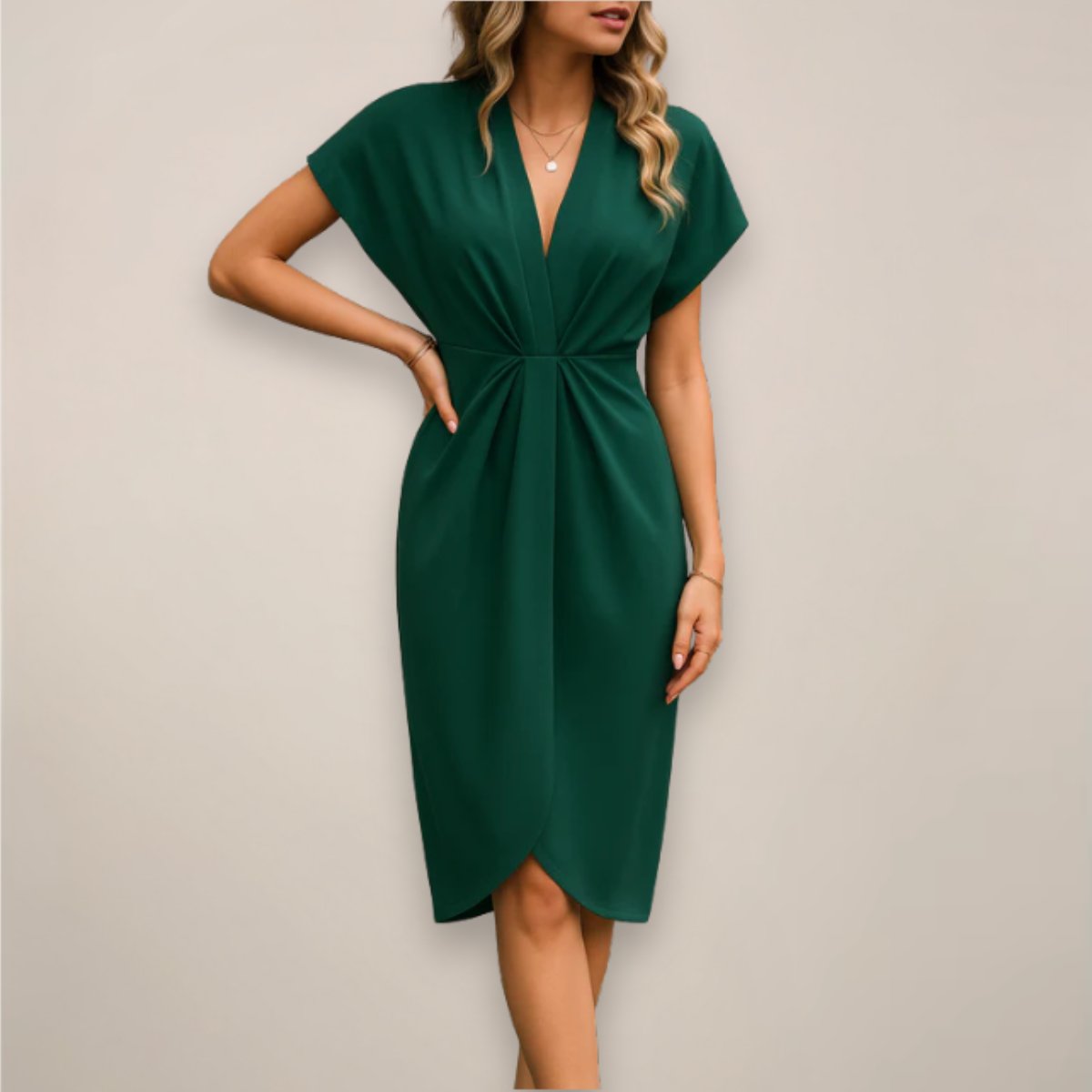 Twist Front Wrap Midi Dress with a Collar and a Front Slit in Dark Green