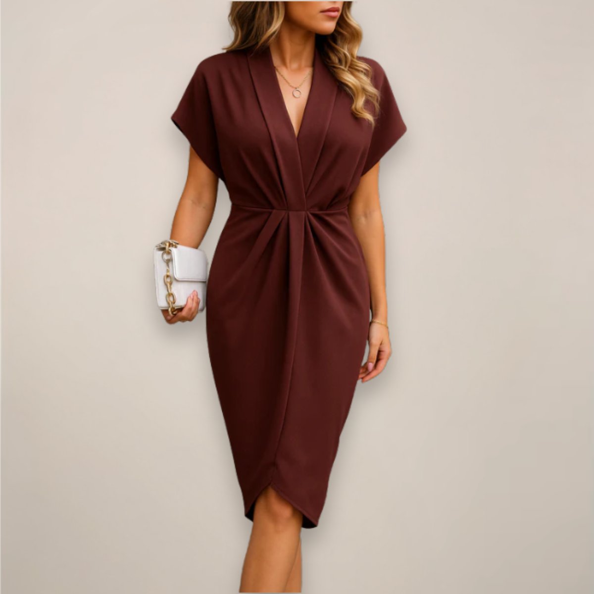 Twist Front Wrap Midi Dress with a Collar and a Front Slit in Red Wine