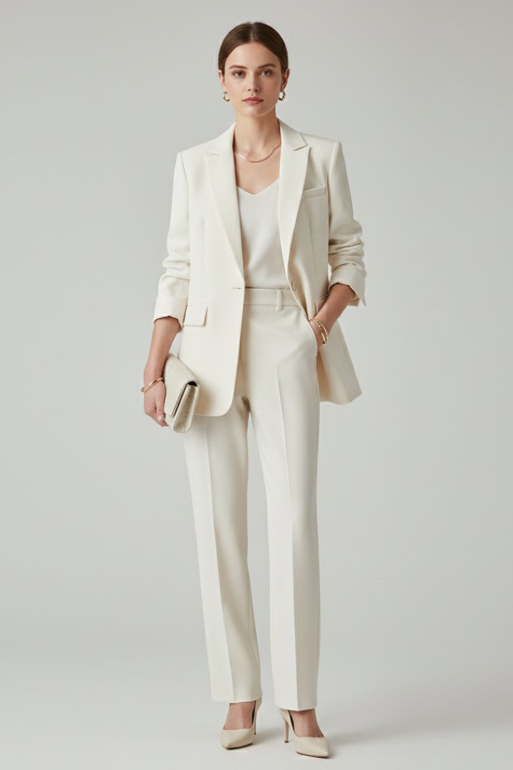 Two-Piece Suit Set with a Single-Breasted Blazer and Straight Legs in Beige