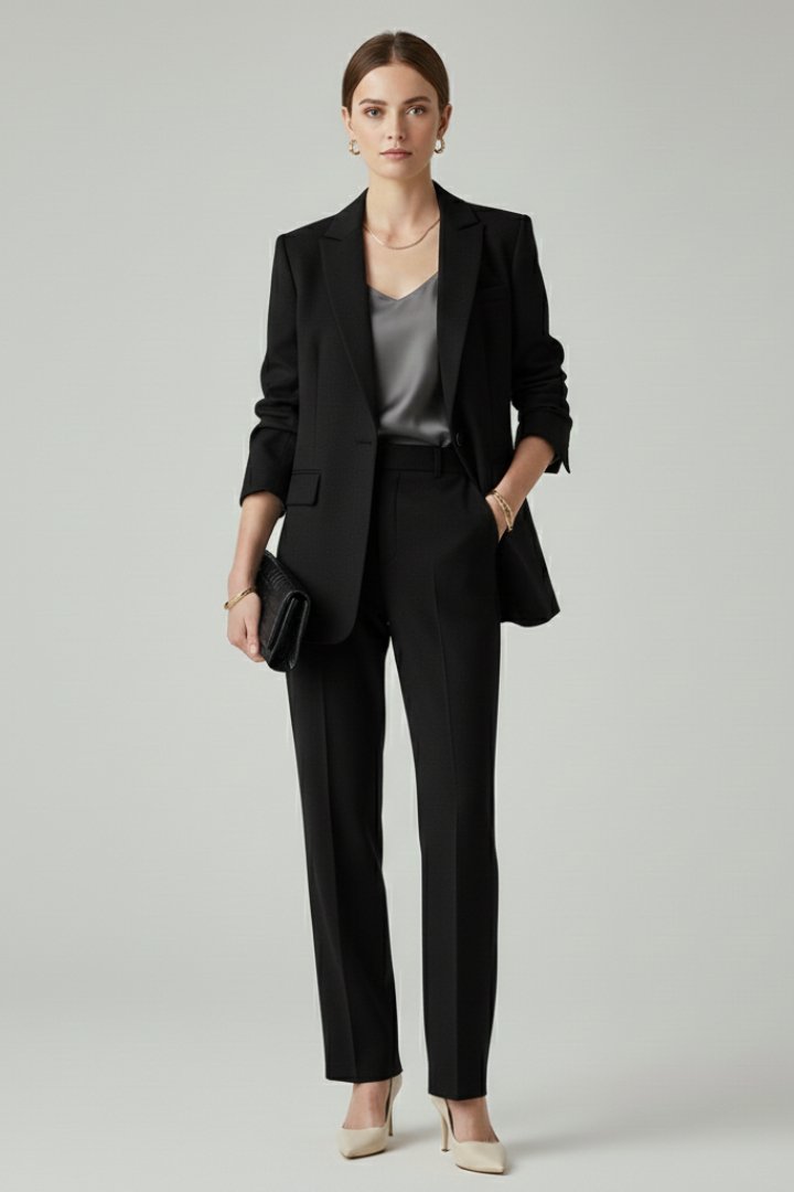 Two-Piece Suit Set with a Single-Breasted Blazer and Straight Legs in Black