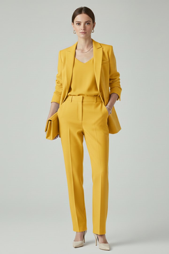 Two-Piece Suit Set with a Single-Breasted Blazer and Straight Legs in Yellow