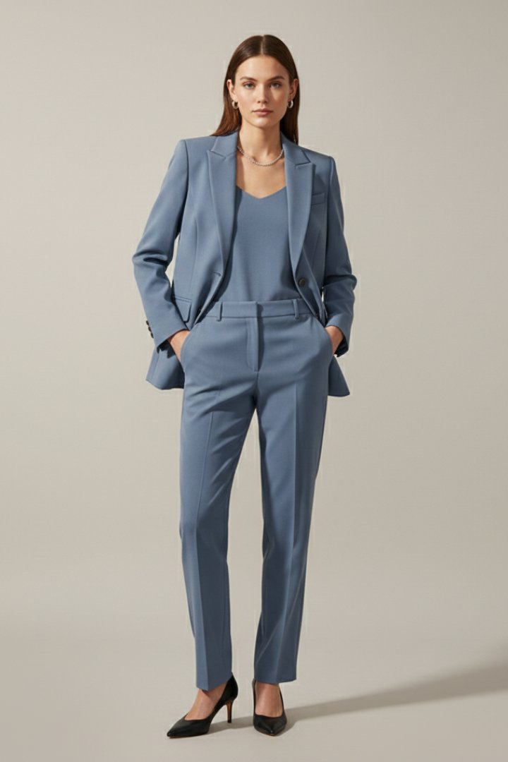 Two-Piece Suit Set with Notched Lapel Blazer and Trousers in Light Blue