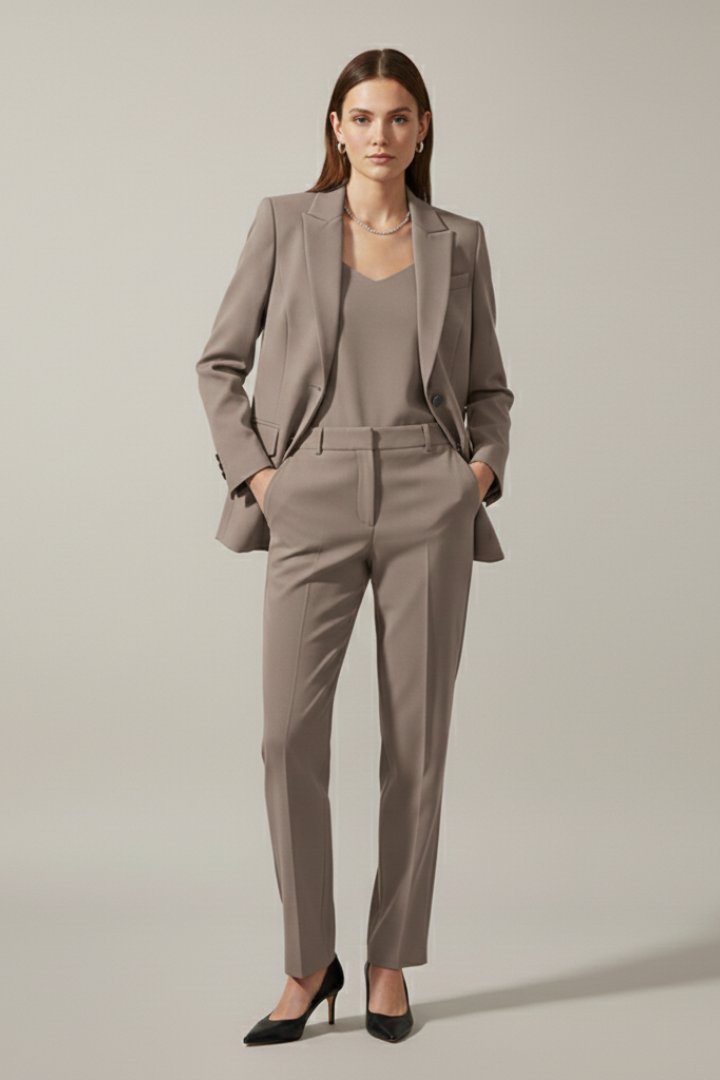 Two-Piece Suit Set with Notched Lapel Blazer and Trousers in Beige