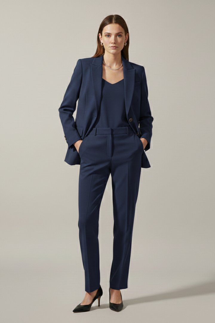 Two-Piece Suit Set with Notched Lapel Blazer and Trousers in Dark Blue