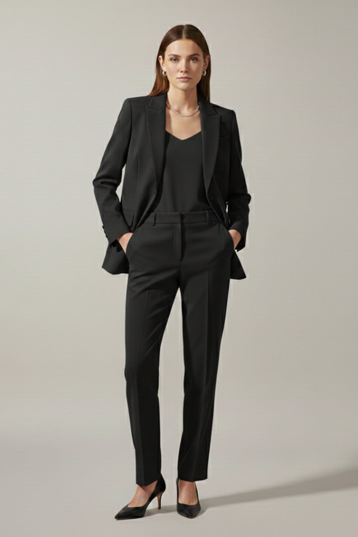 Two-Piece Suit Set with Notched Lapel Blazer and Trousers in Black