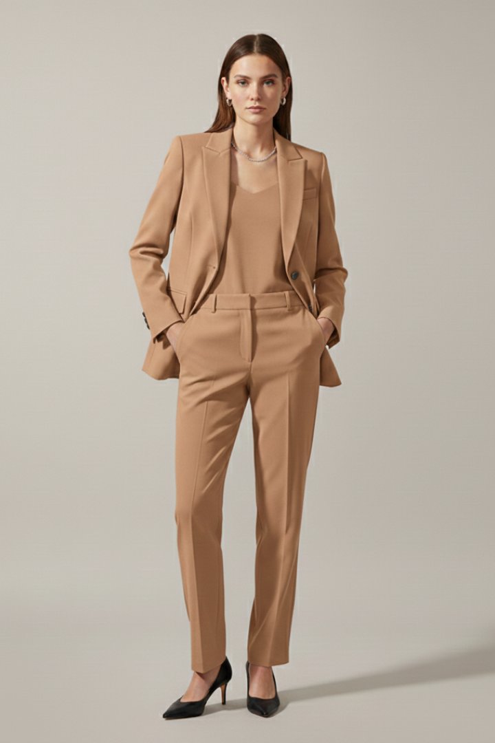 Two-Piece Suit Set with Notched Lapel Blazer and Trousers in Brown