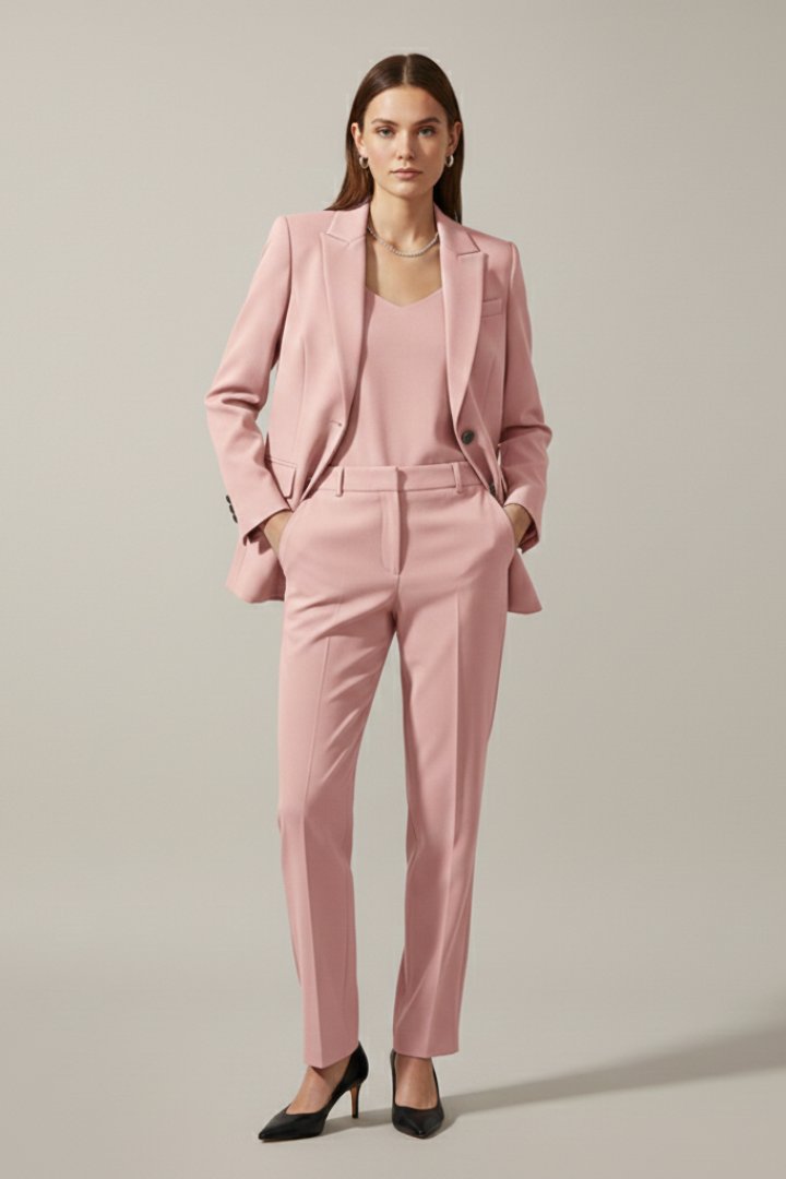 Two-Piece Suit Set with Notched Lapel Blazer and Trousers in Pink