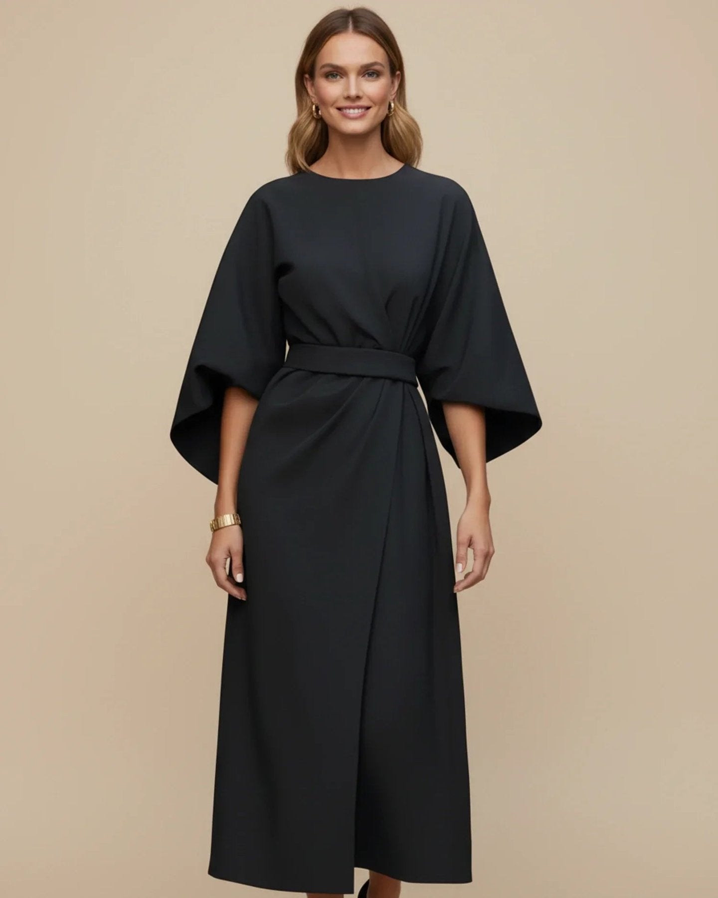 Wrap Midi Dress with Balloon Sleeves and a Tie Belt in Black