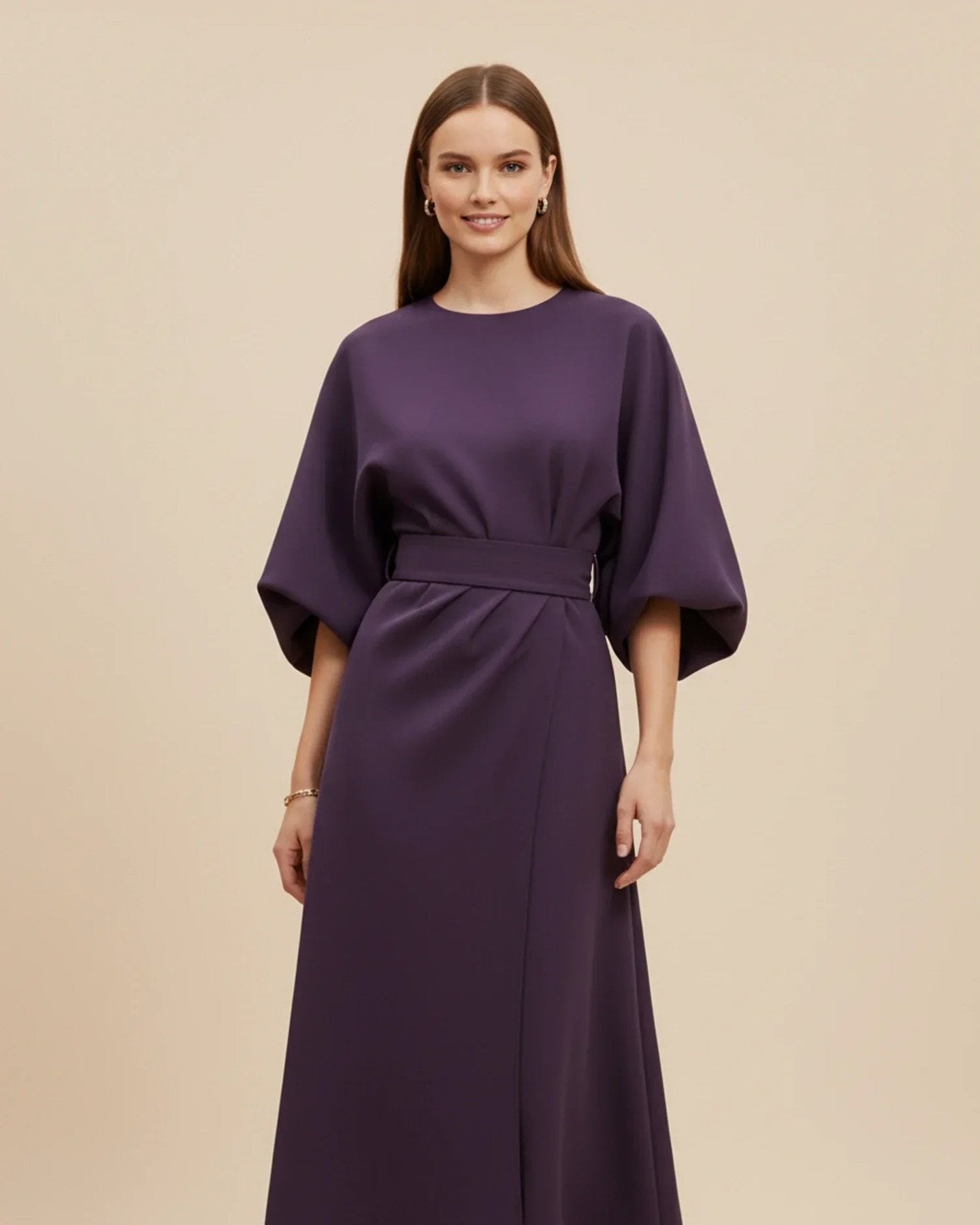 Wrap Midi Dress with Balloon Sleeves and a Tie Belt in Purple