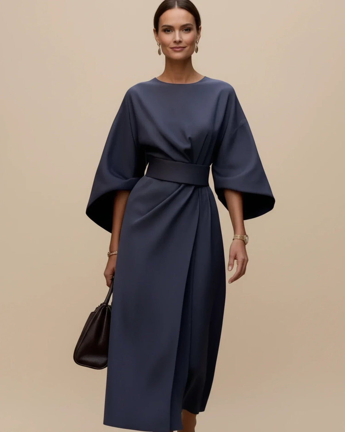 Wrap Midi Dress with Balloon Sleeves and a Tie Belt in Navy Blue