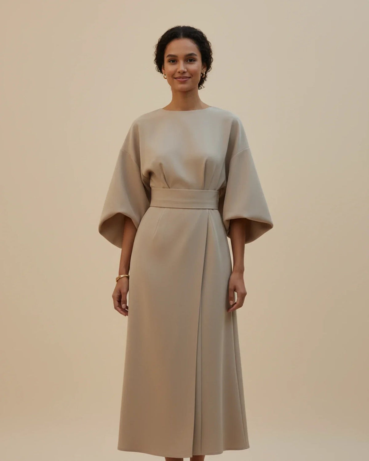 Wrap Midi Dress with Balloon Sleeves and a Tie Belt in Beige