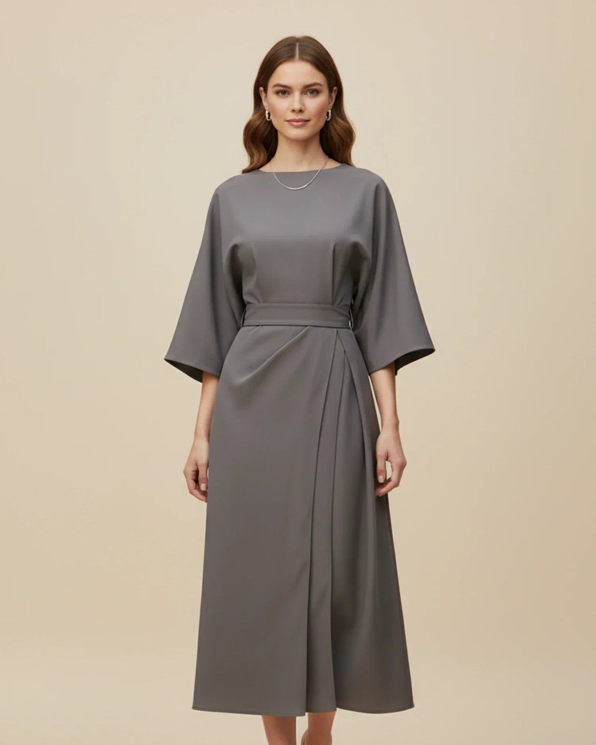 Wrap Midi Dress with Balloon Sleeves and a Tie Belt in Grey
