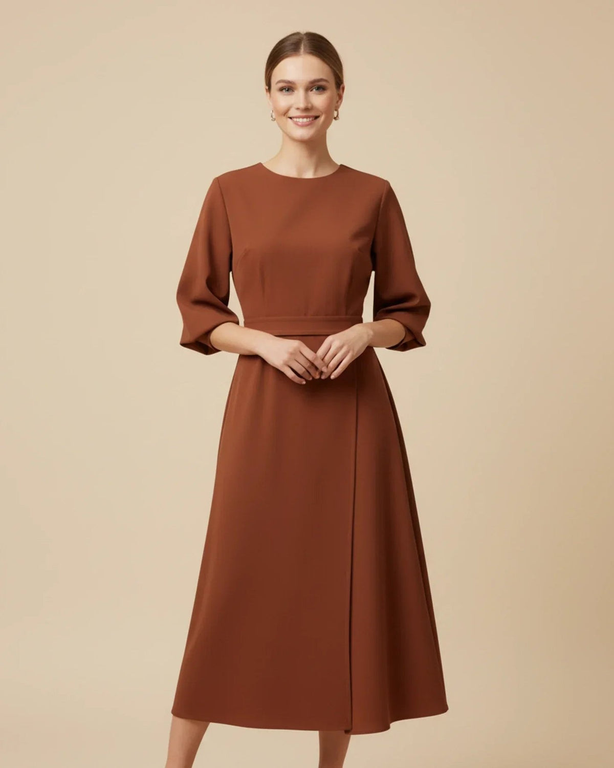 Wrap Midi Dress with Balloon Sleeves and a Tie Belt in Rust Brown