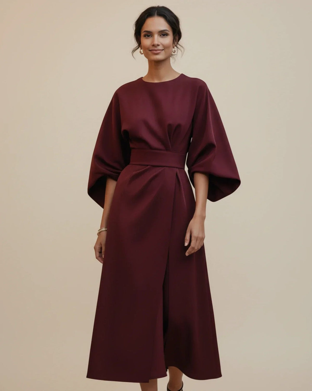 Wrap Midi Dress with Balloon Sleeves and a Tie Belt in Burgundy
