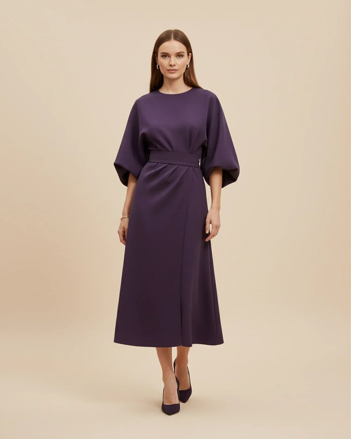 Wrap Midi Dress with Balloon Sleeves and a Tie Belt