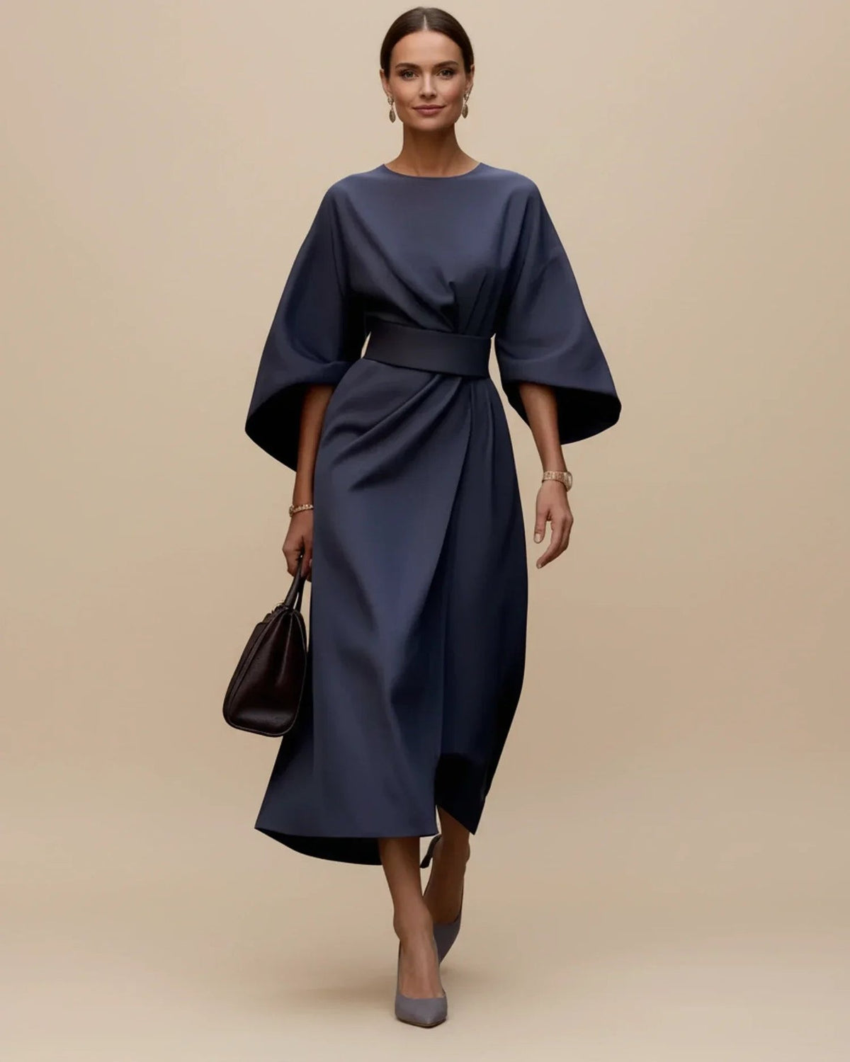 Wrap Midi Dress with Balloon Sleeves and a Tie Belt