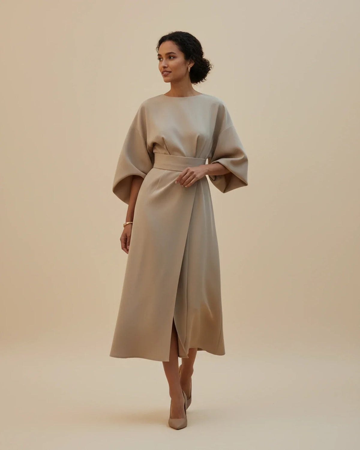 Wrap Midi Dress with Balloon Sleeves and a Tie Belt