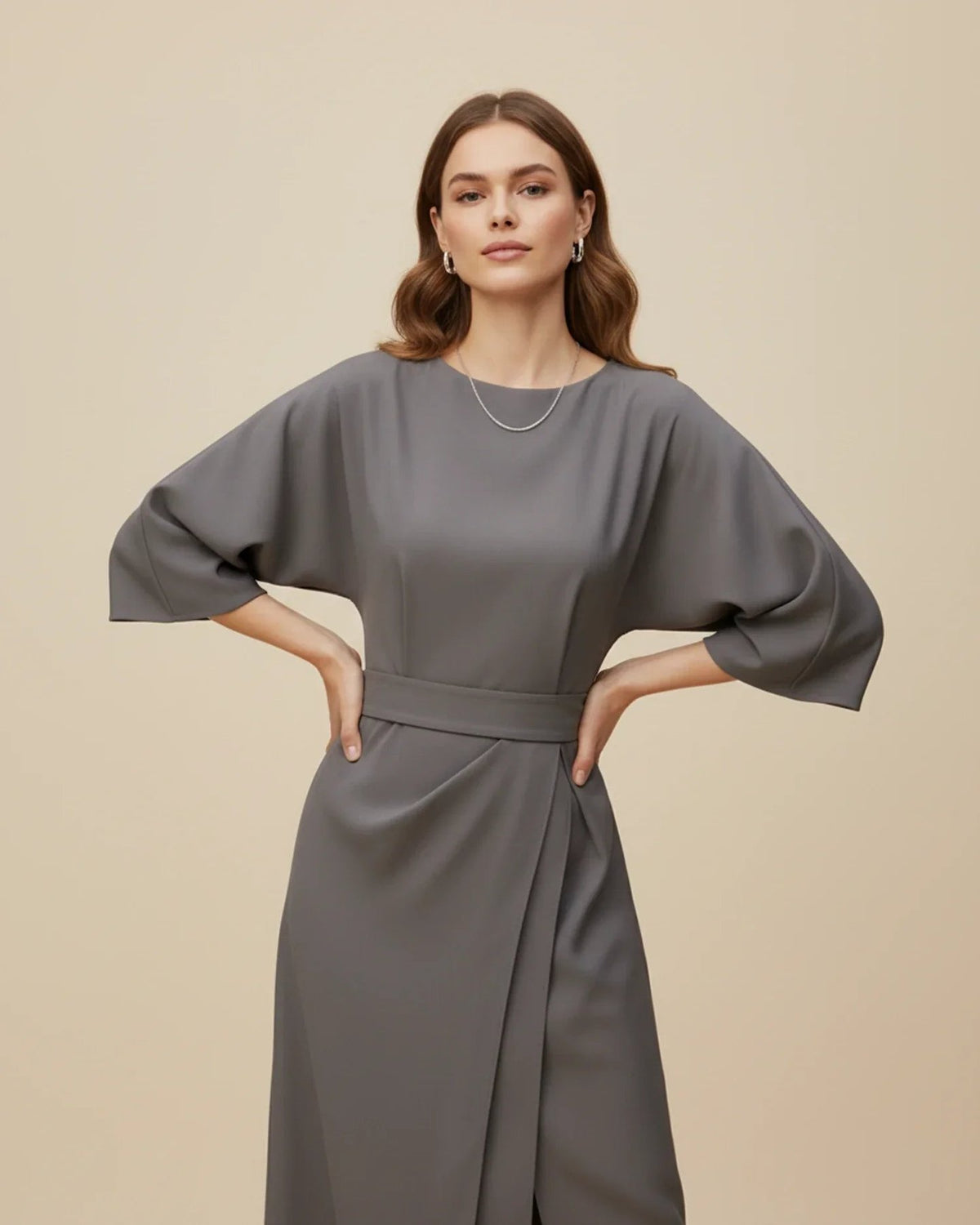 Wrap Midi Dress with Balloon Sleeves and a Tie Belt