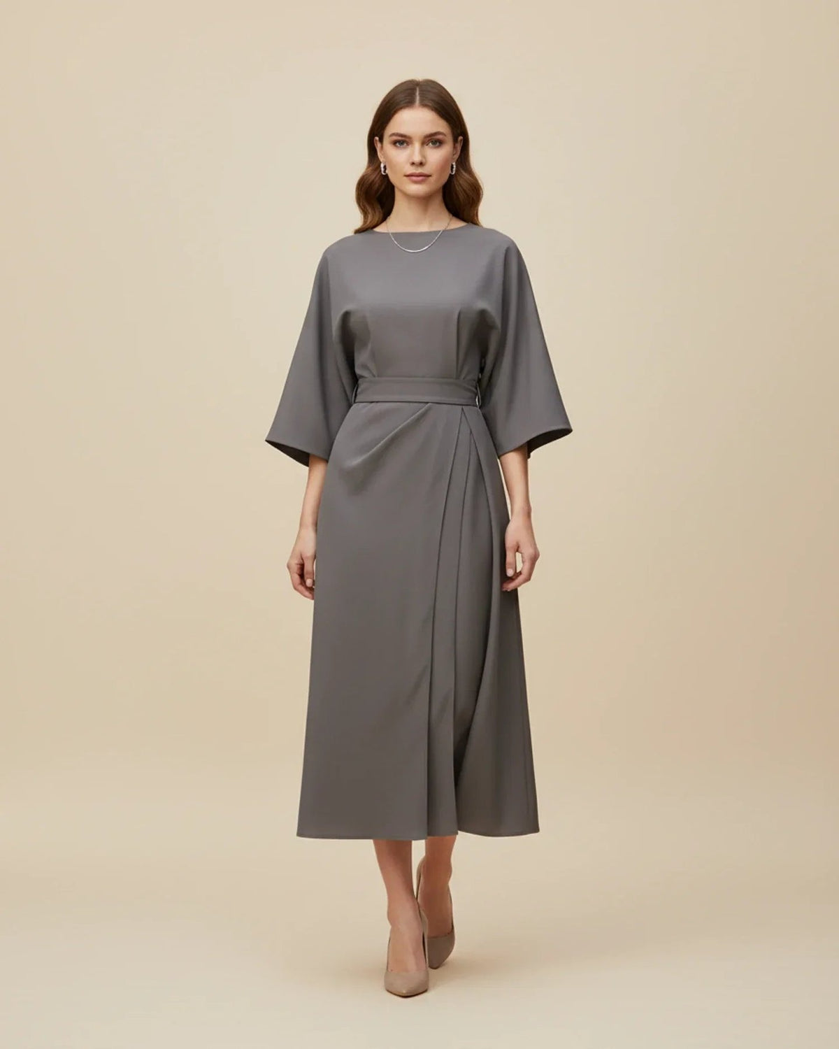 Wrap Midi Dress with Balloon Sleeves and a Tie Belt