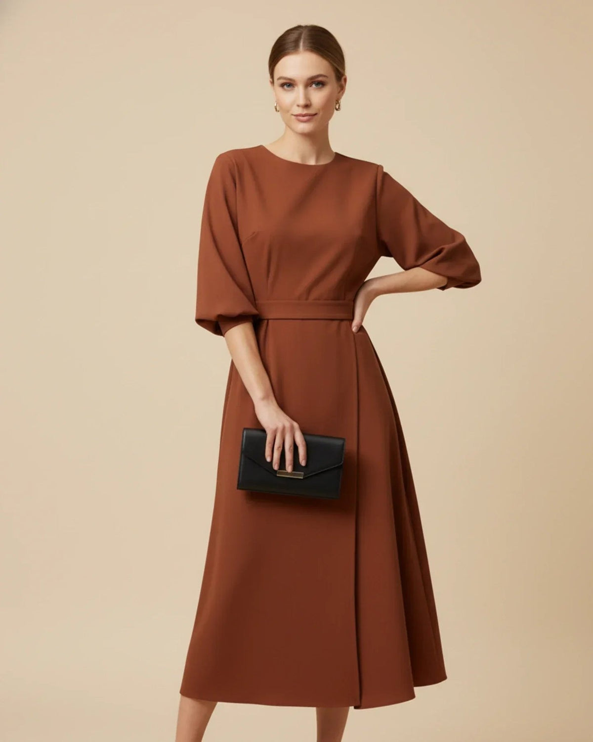 Wrap Midi Dress with Balloon Sleeves and a Tie Belt